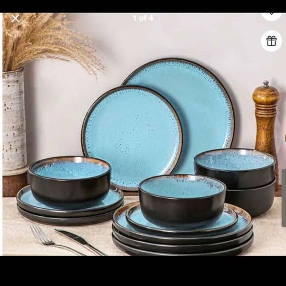 12-Piece Turquoise and Black Reactive Glaze Stoneware Dinnerware Set - New in bo